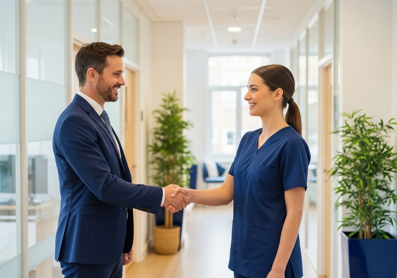 A facility manager welcoming a newly placed therapist with a handshake in a modern clinic hallway