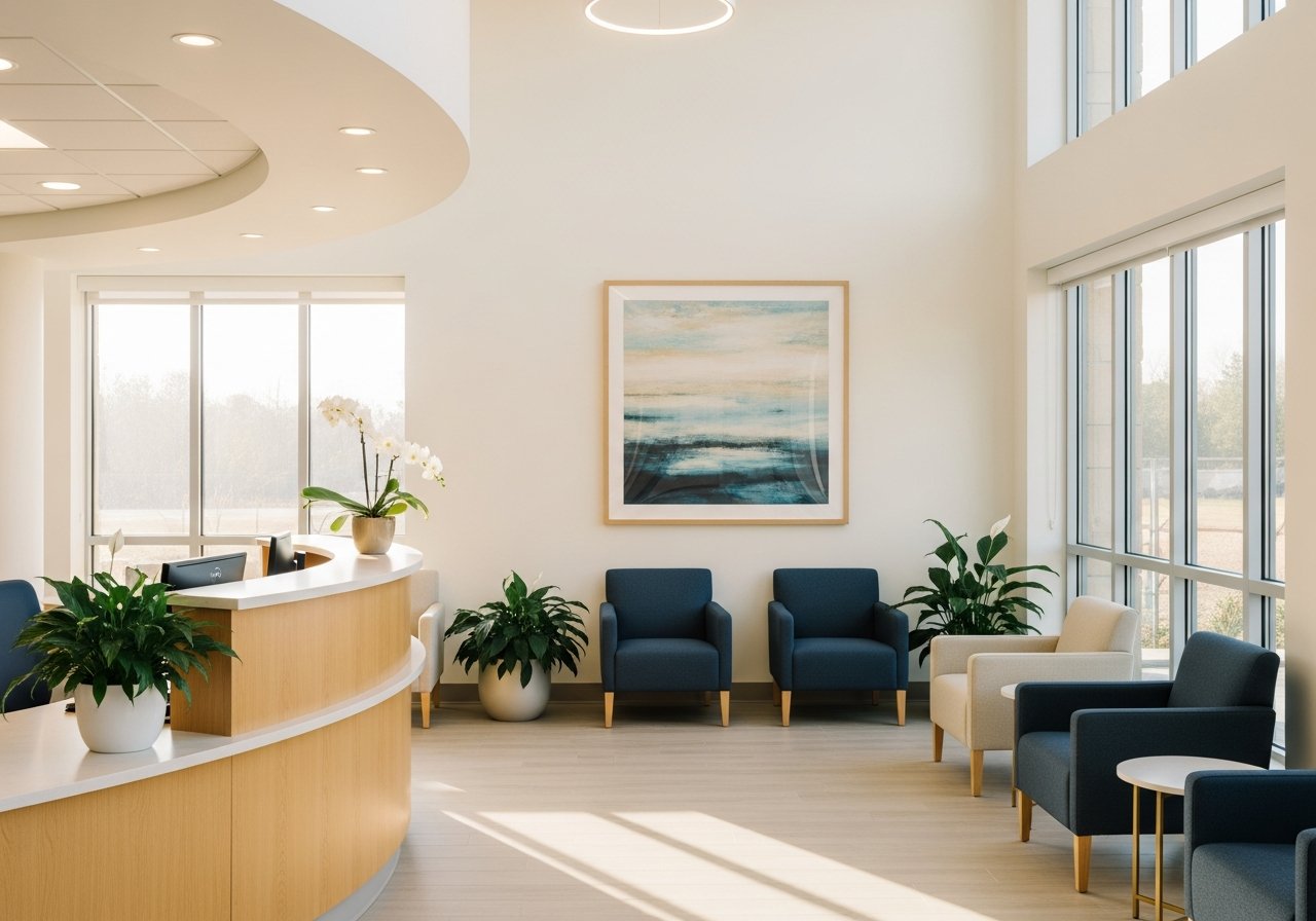 The bright, modern lobby of a healthcare facility where a permanent placement begins