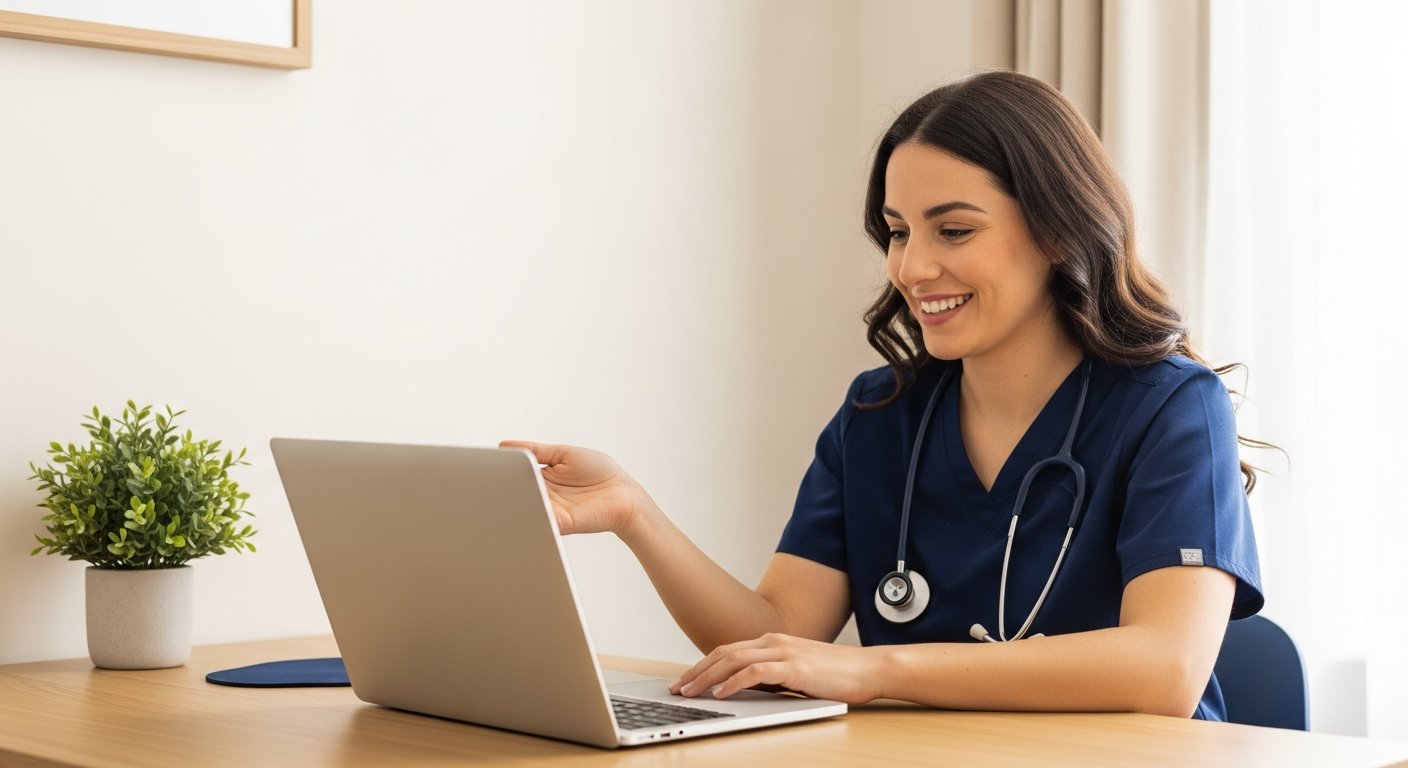 A clinician smiling during a pre-assignment video chat with her Gold Coast mentor
