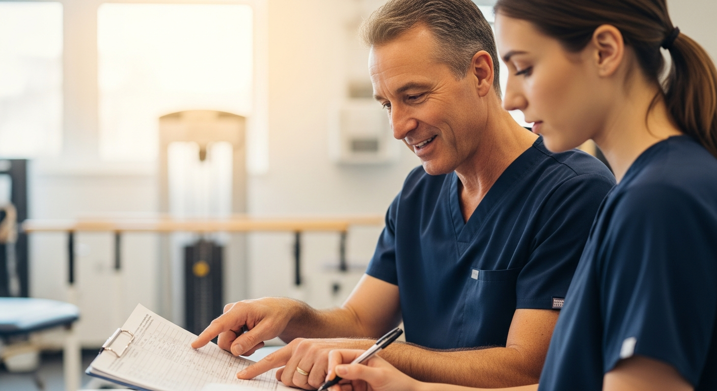 An experienced Gold Coast mentor in navy scrubs guiding a therapist as they review a patient chart together
