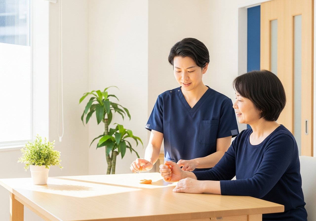 An occupational therapist guiding a patient through a hand-strengthening exercise in a sunny clinic room
