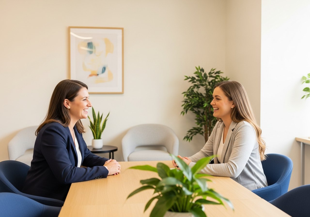 A facility hiring manager interviewing a therapist candidate in a bright clinic office