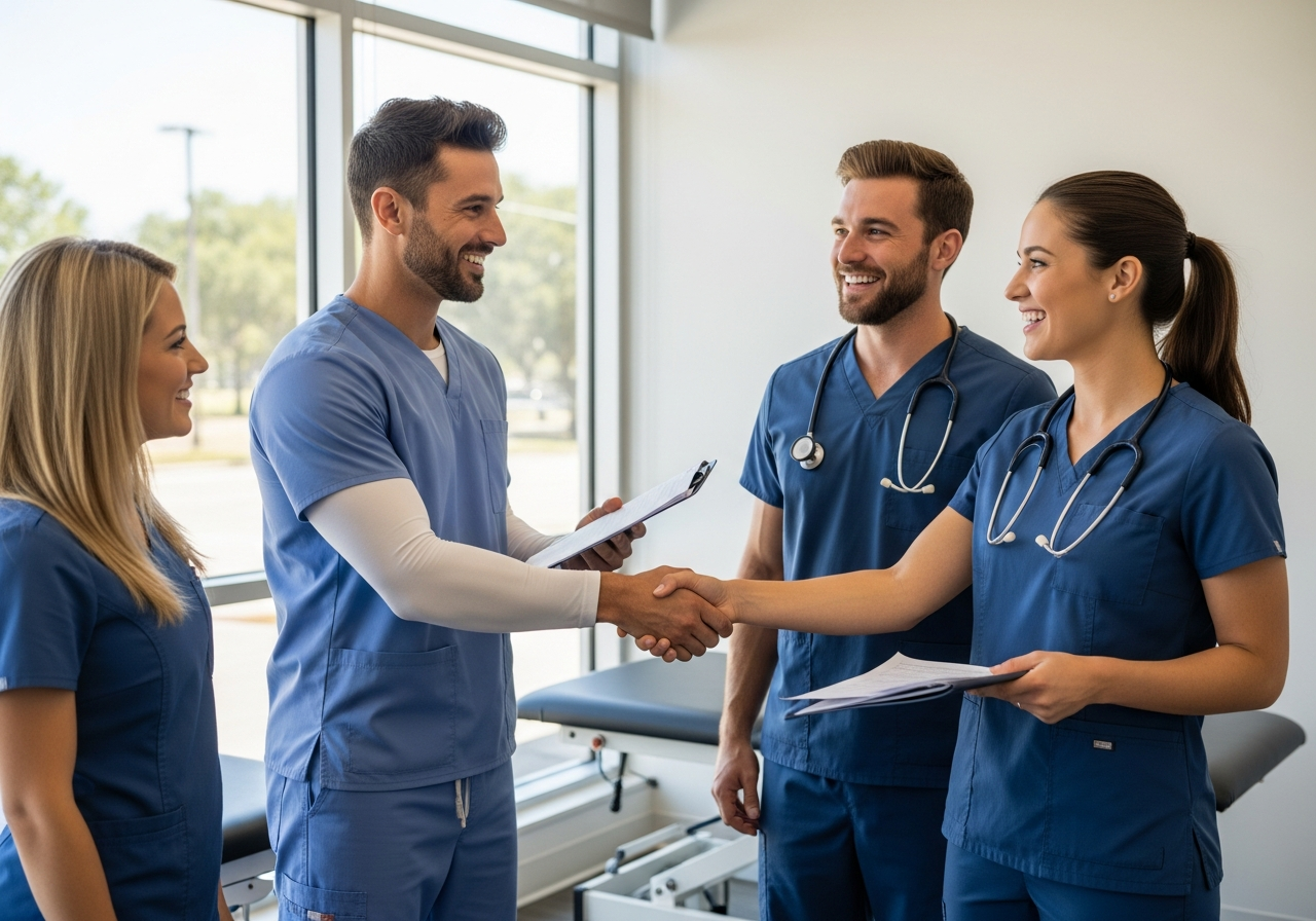 A therapist in navy scrubs shaking hands and being welcomed by a clinical team on the first day of a permanent position