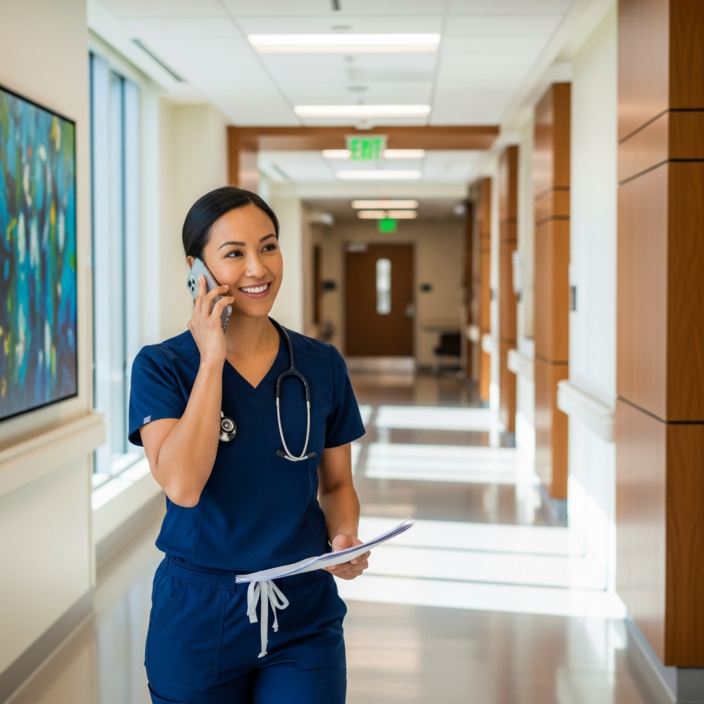 A Gold Coast therapist taking a supportive call from her clinical mentor between patients