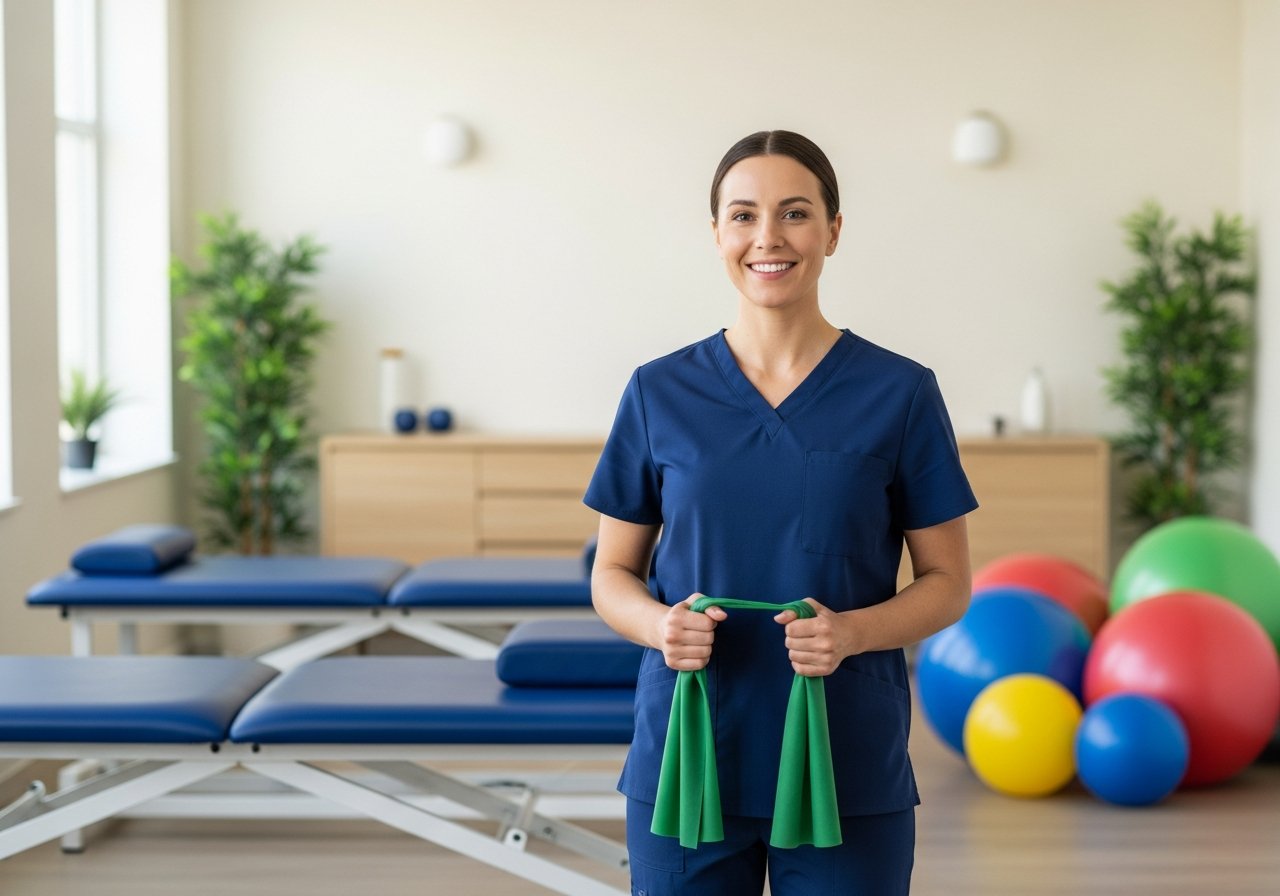 A confident physical therapist holding a resistance band in a modern rehabilitation gym