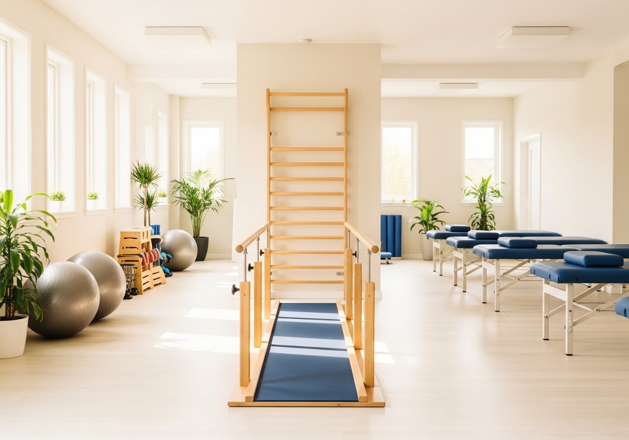 A bright, sunlit therapy gym with treatment tables and exercise equipment, ready for the day