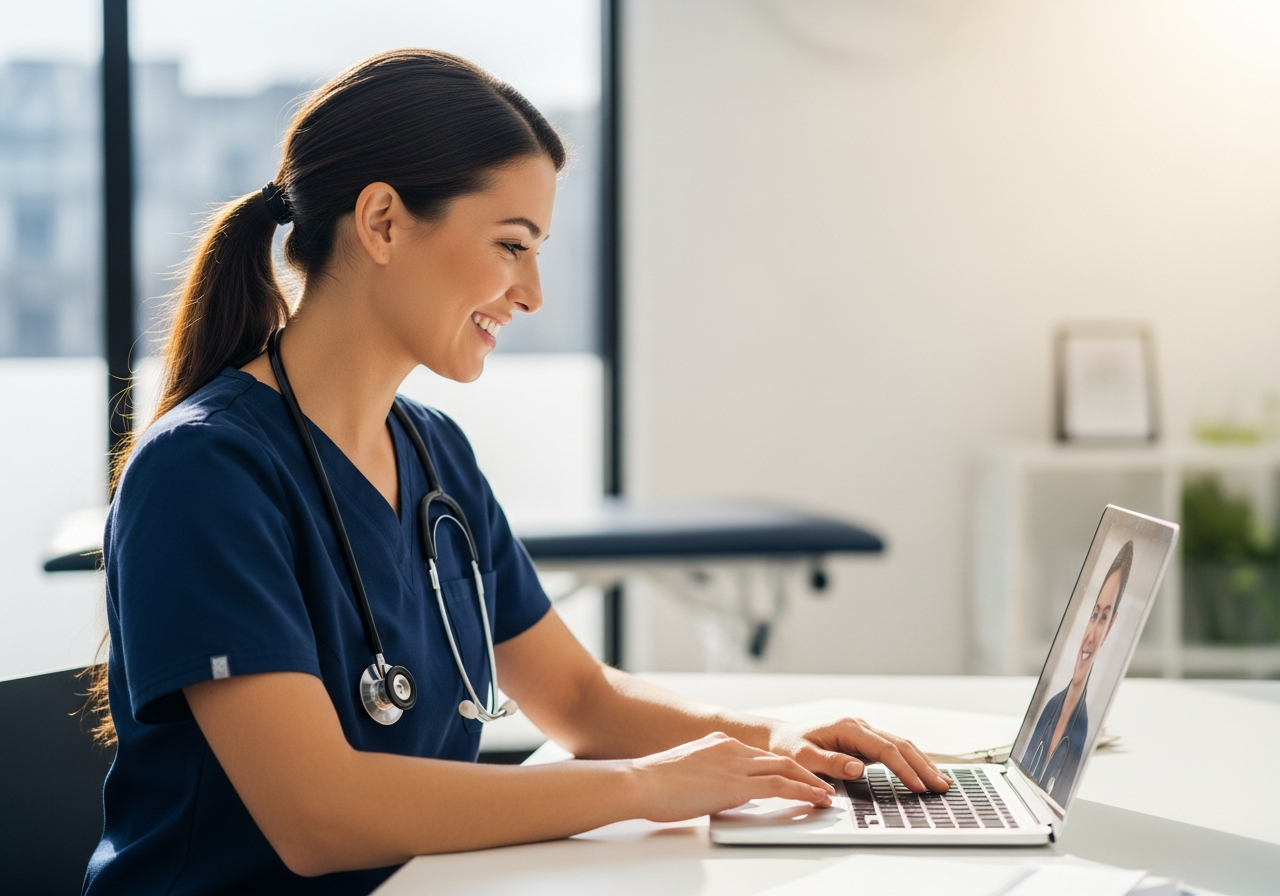 A Gold Coast therapist in navy scrubs on a friendly video call with her clinical mentor, reviewing an upcoming assignment together