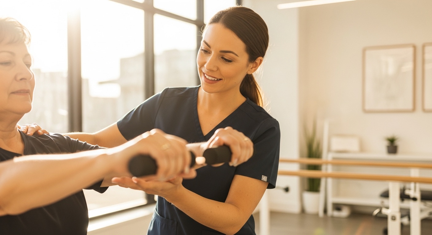 A Gold Coast physical therapist in navy scrubs guiding a patient through a strengthening exercise in a bright clinic