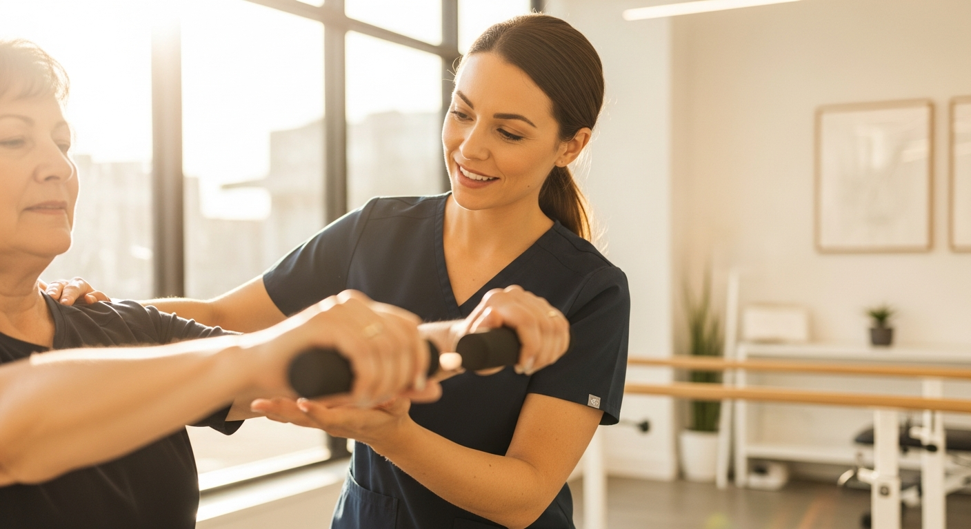 A Gold Coast physical therapist in navy scrubs guiding a patient through a strengthening exercise in a bright clinic